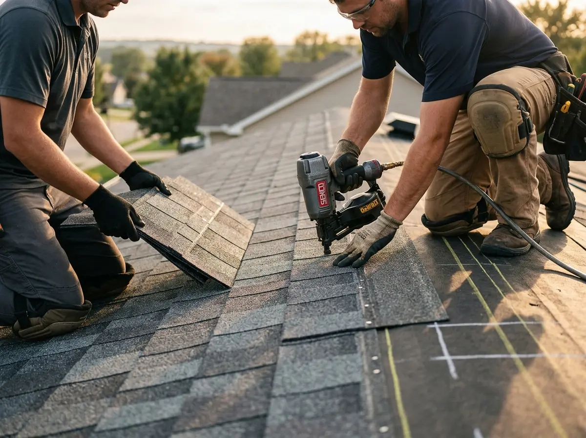 Professional roofer working on a residential roof in East Cleveland
